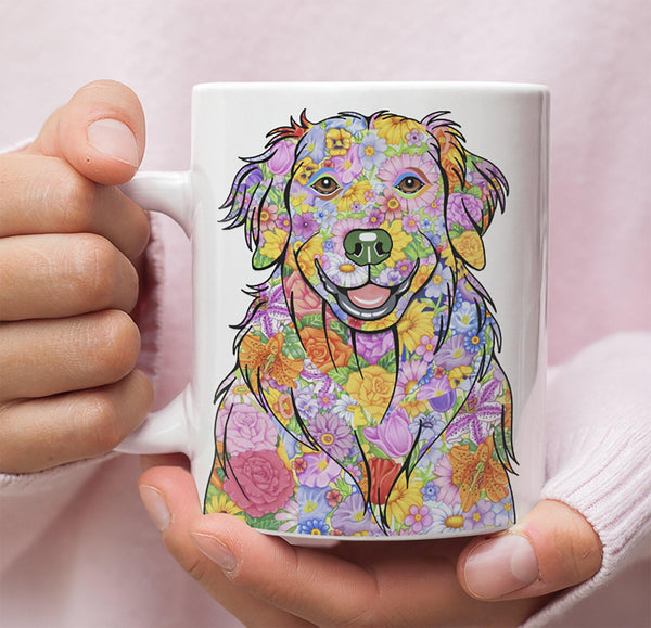 FABULOUS FLOWER GOLDEN RETRIEVER WHITE MUG - DESIGN ON BOTH SIDES