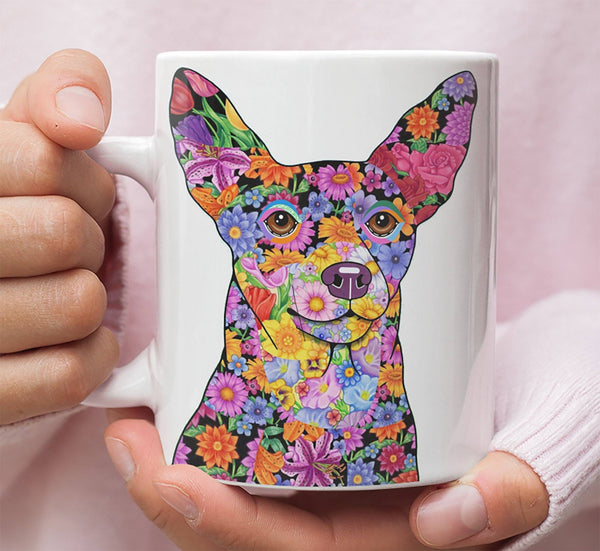 FABULOUS FLOWER MINIATURE PINSCHER WHITE MUG - DESIGN ON BOTH SIDES