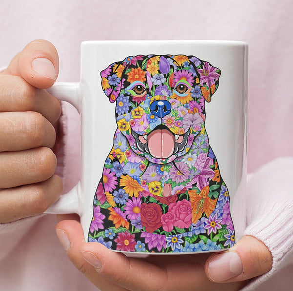 FABULOUS FLOWER ROTTWEILER WHITE MUG - DESIGN ON BOTH SIDES