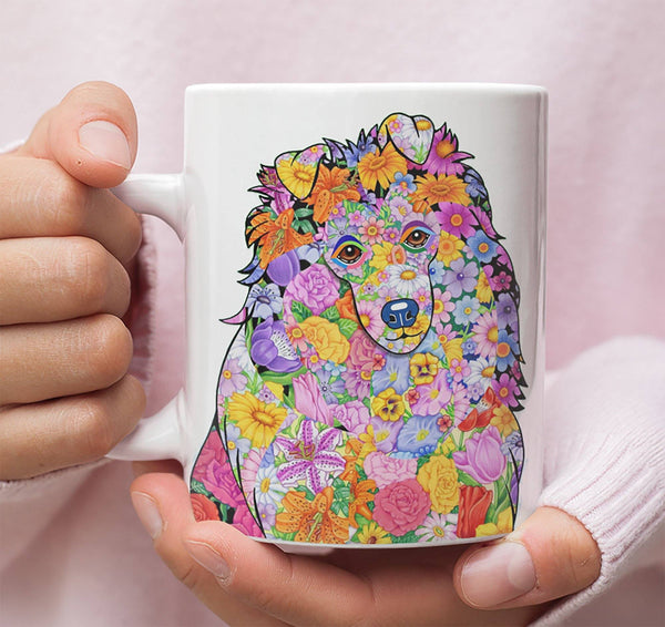 FABULOUS FLOWER SHETLAND SHEEPDOG WHITE MUG - DESIGN ON BOTH SIDES