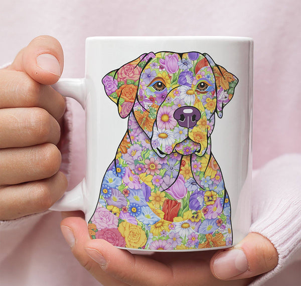 FABULOUS FLOWER YELLOW LAB WHITE MUG - DESIGN ON BOTH SIDES