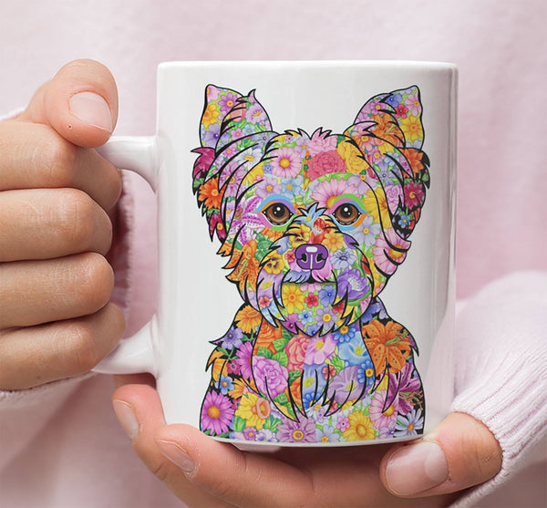 FABULOUS FLOWER YORKIE WHITE MUG - DESIGN ON BOTH SIDES