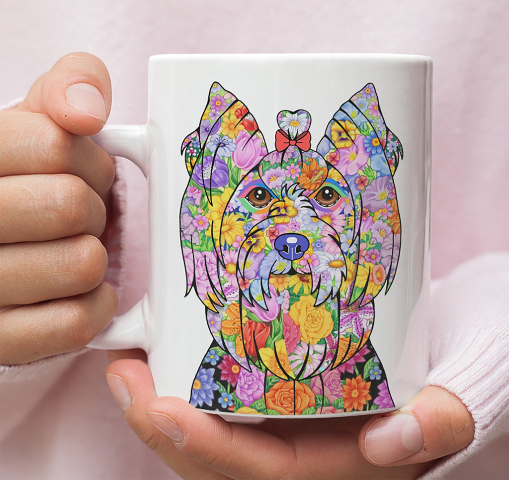 FABULOUS FLOWER YORKIE SHOWCUT WHITE MUG - DESIGN ON BOTH SIDES