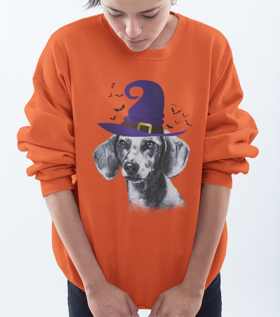 FUN HALLOWEEN DACHSHUND WITCH HAT CREWNECK SWEATSHIRTS - UP TO 4XL - 3 COLORS