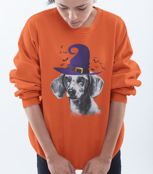 FUN HALLOWEEN DACHSHUND WITCH HAT CREWNECK SWEATSHIRTS - UP TO 4XL - 3 COLORS