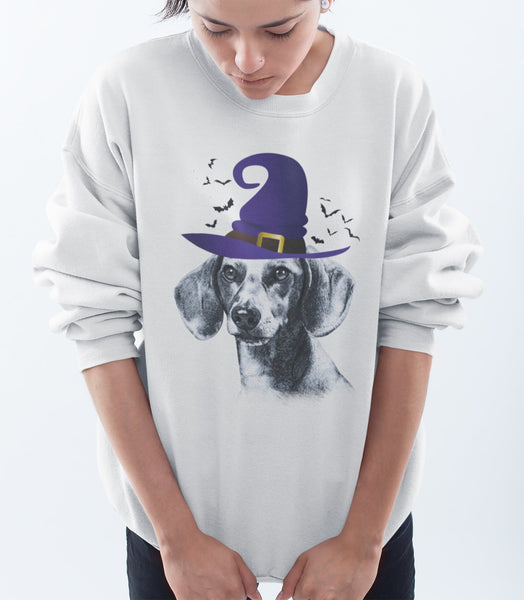 FUN HALLOWEEN DACHSHUND WITCH HAT CREWNECK SWEATSHIRTS - UP TO 4XL - 3 COLORS