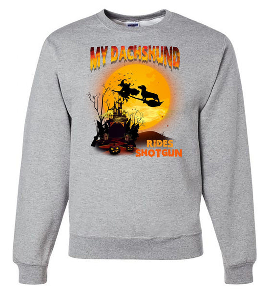 FUN HALLOWEEN DACHSHUND RIDES SHOTGUN CREWNECK SWEATSHIRTS - UP TO 4XL - 3 COLORS