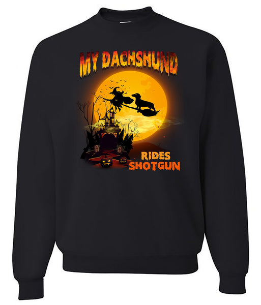 FUN HALLOWEEN DACHSHUND RIDES SHOTGUN CREWNECK SWEATSHIRTS - UP TO 4XL - 3 COLORS