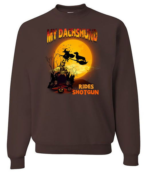FUN HALLOWEEN DACHSHUND RIDES SHOTGUN CREWNECK SWEATSHIRTS - UP TO 4XL - 3 COLORS