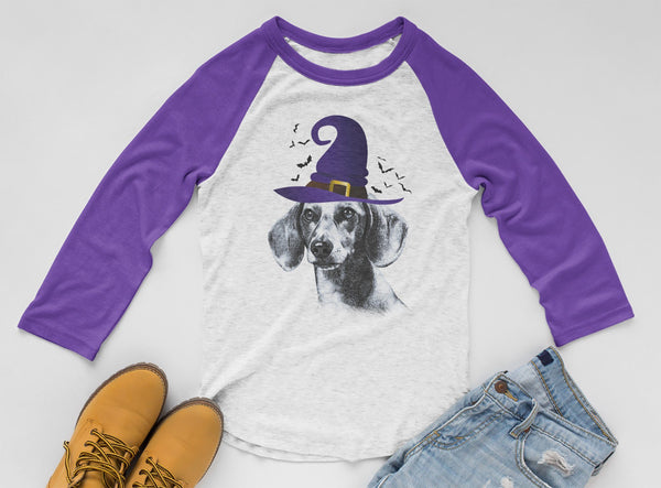 FUN HALLOWEEN DACHSHUND IN WITCH HAT RAGLAN TEE - UP TO 3XL - 2 COLORS
