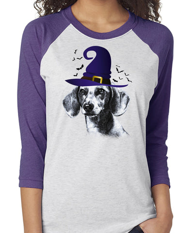 FUN HALLOWEEN DACHSHUND IN WITCH HAT RAGLAN TEE - UP TO 3XL - 2 COLORS