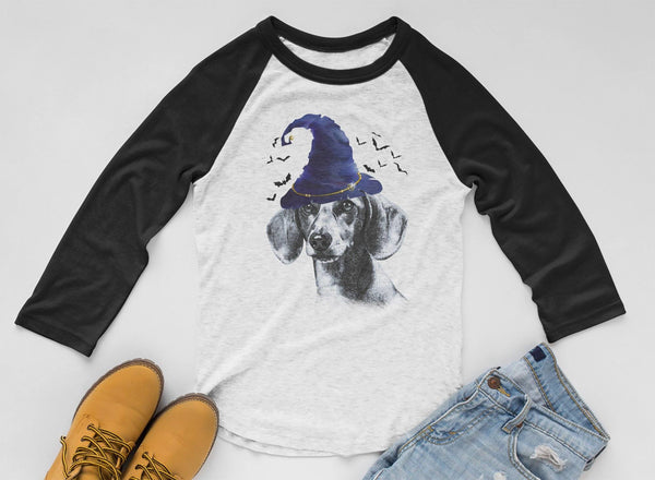 FUN HALLOWEEN DACHSHUND IN WIZARD HAT RAGLAN TEE - UP TO 3XL - 2 COLORS