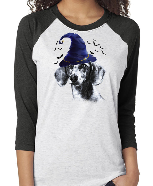 FUN HALLOWEEN DACHSHUND IN WIZARD HAT RAGLAN TEE - UP TO 3XL - 2 COLORS