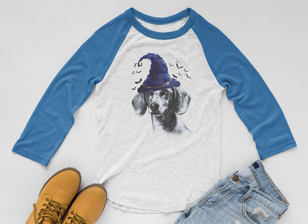 FUN HALLOWEEN DACHSHUND IN WIZARD HAT RAGLAN TEE - UP TO 3XL - 2 COLORS