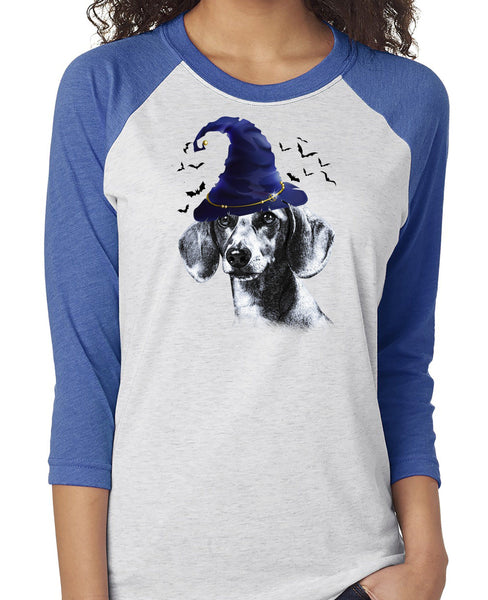 FUN HALLOWEEN DACHSHUND IN WIZARD HAT RAGLAN TEE - UP TO 3XL - 2 COLORS
