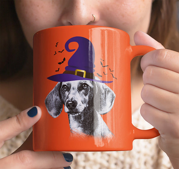 HALLOWEEN DACHSHUND WITCH HAT ORANGE MUG
