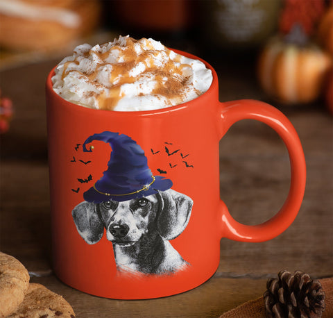 HALLOWEEN DACHSHUND WIZARD HAT ORANGE MUG