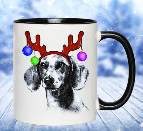 FUN REINDEER DACHSHUND TWO-TONED MUG - 2 COLORS TO CHOOSE FROM