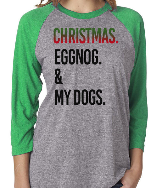 FUN CHRISTMAS EGGNOG & DOGS GRAY RAGLAN TEE - UP TO 3XL - 3 COLORS