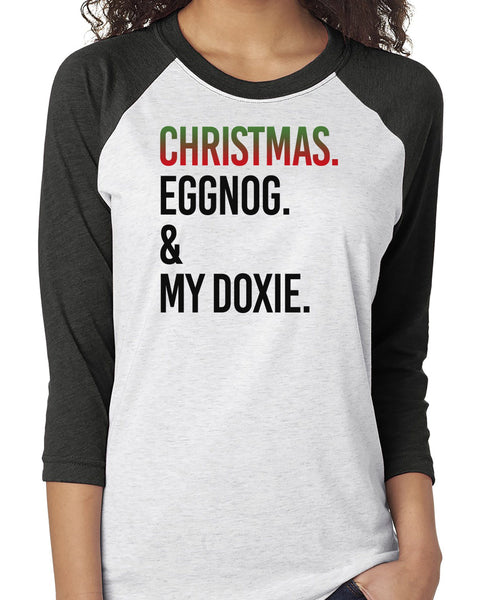 PERSONALIZED CHRISTMAS EGGNOG & YOUR DOG RAGLAN TEE - UP TO 3XL - 3 COLORS