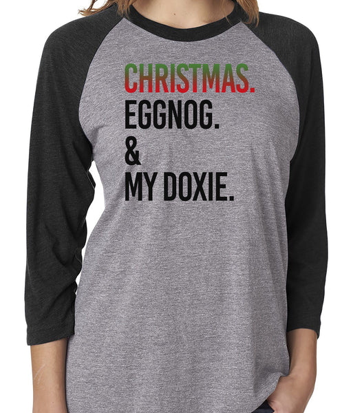 PERSONALIZED CHRISTMAS EGGNOG & YOUR DOG GRAY RAGLAN TEE - UP TO 3XL - 3 COLORS
