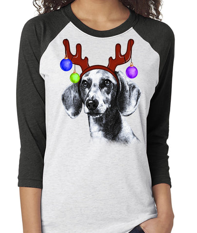 FUN REINDEER DACHSHUND RAGLAN TEE - UP TO 3XL - 3 COLORS