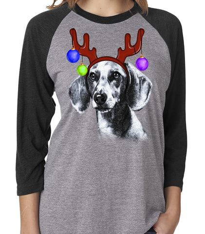FUN REINDEER DACHSHUND GRAY RAGLAN TEE - UP TO 3XL - 3 COLORS