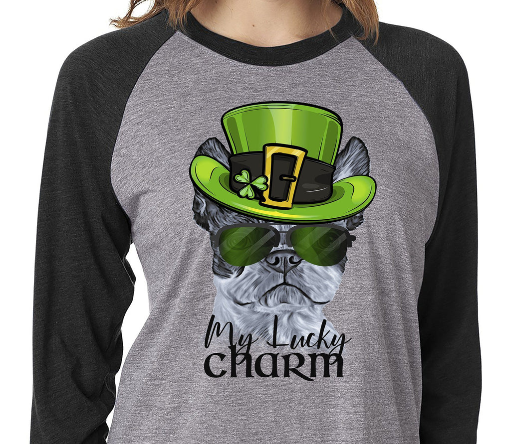 COOL LUCKY CHARM BOSTON TERRIER GRAY RAGLAN TEE - UP TO 3XL