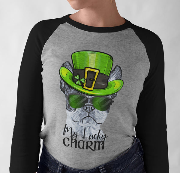 COOL LUCKY CHARM BOSTON TERRIER GRAY RAGLAN TEE - UP TO 3XL