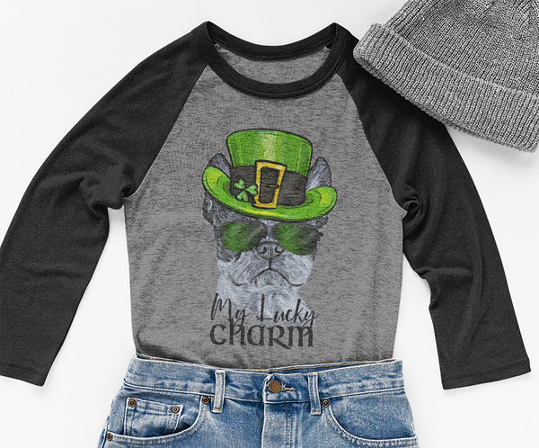 COOL LUCKY CHARM BOSTON TERRIER GRAY RAGLAN TEE - UP TO 3XL