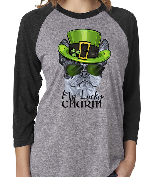 COOL LUCKY CHARM BOSTON TERRIER GRAY RAGLAN TEE - UP TO 3XL