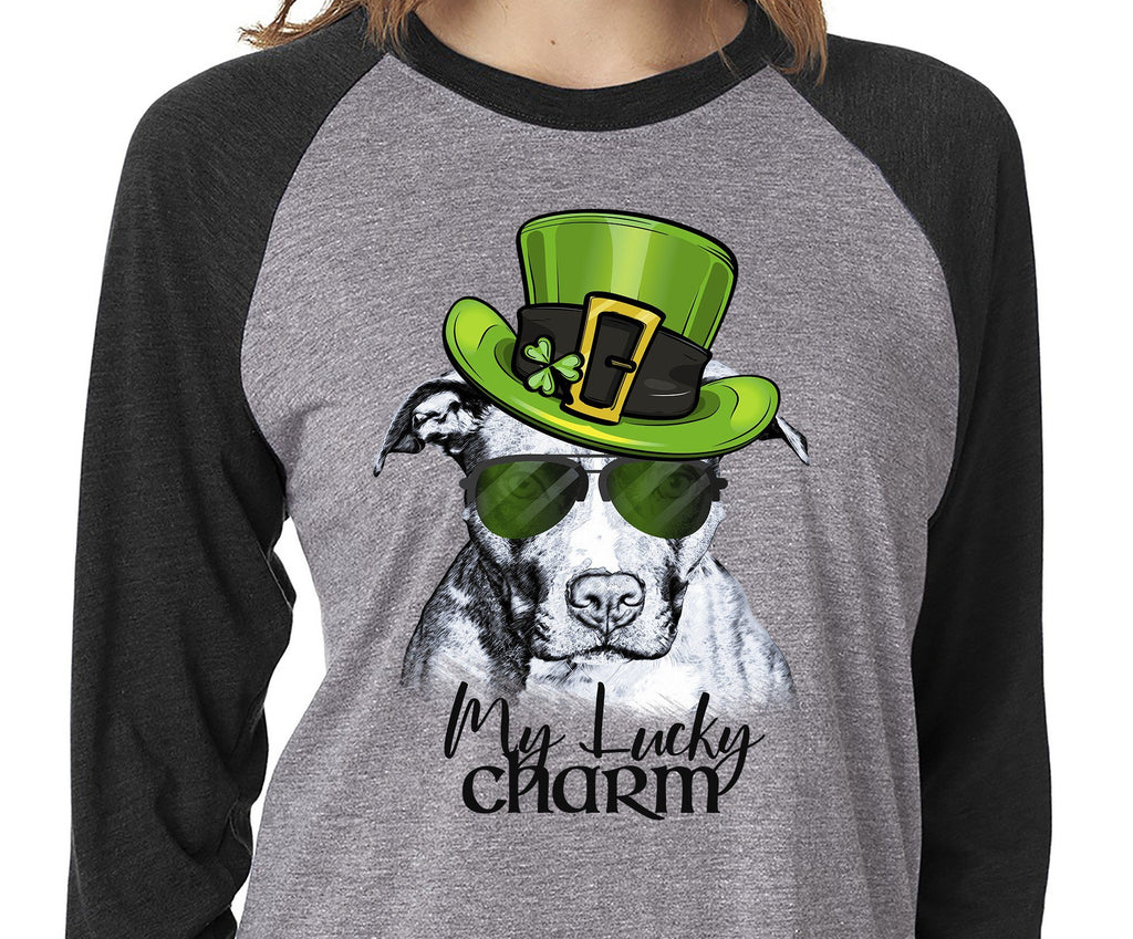 COOL LUCKY CHARM PIT BULL GRAY RAGLAN TEE - UP TO 3XL