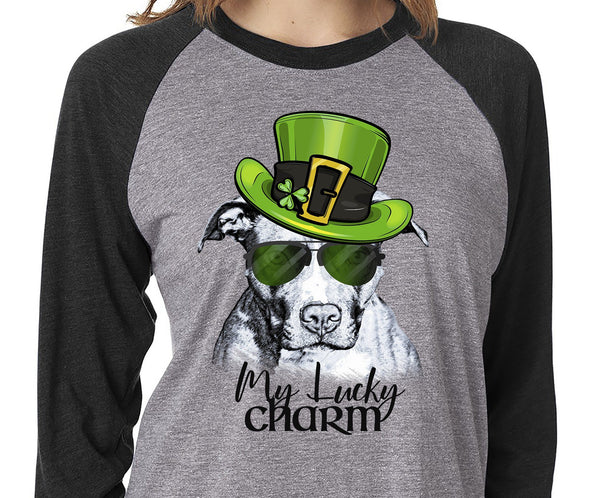 COOL LUCKY CHARM PIT BULL GRAY RAGLAN TEE - UP TO 3XL