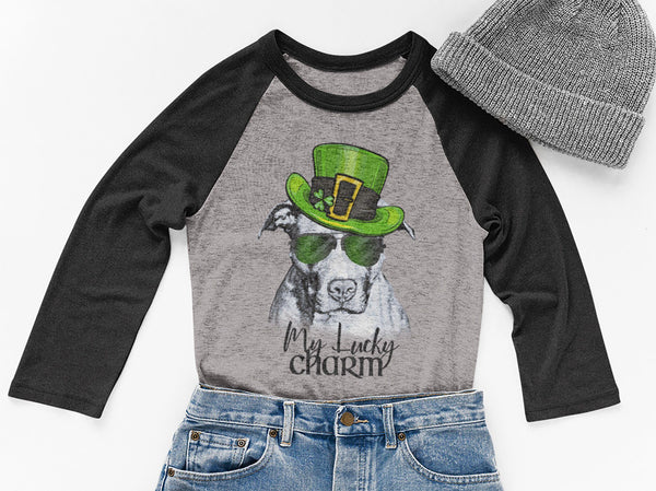 COOL LUCKY CHARM PIT BULL GRAY RAGLAN TEE - UP TO 3XL