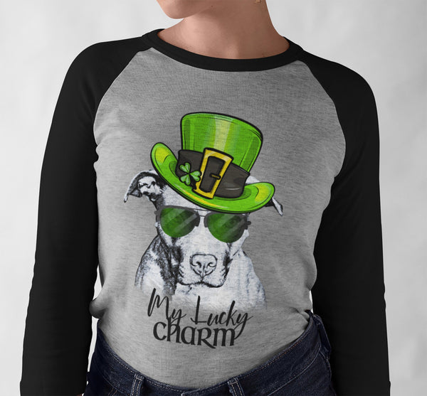 COOL LUCKY CHARM PIT BULL GRAY RAGLAN TEE - UP TO 3XL