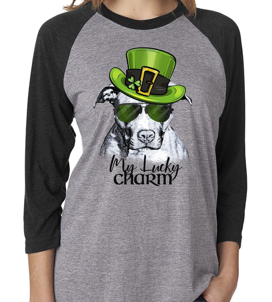 COOL LUCKY CHARM PIT BULL GRAY RAGLAN TEE - UP TO 3XL