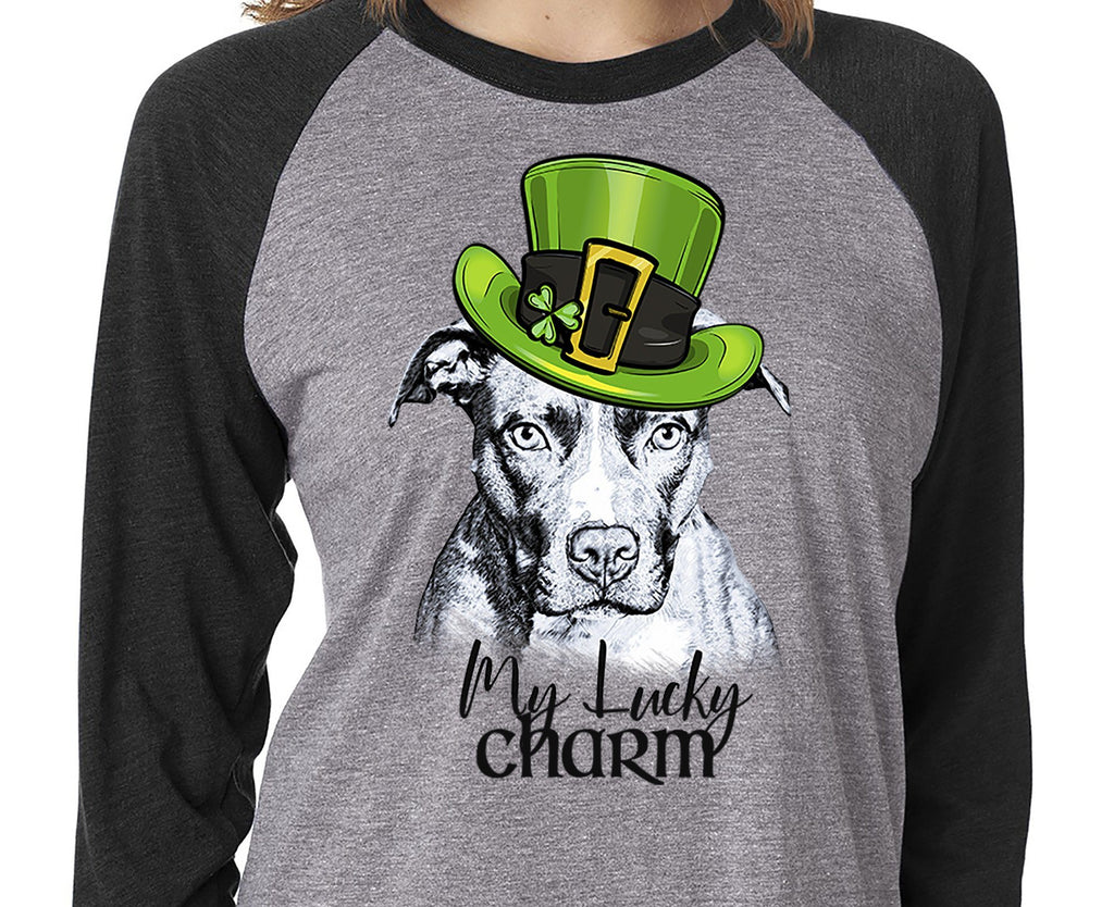 MY LUCKY CHARM PIT BULL GRAY RAGLAN TEE - UP TO 3XL