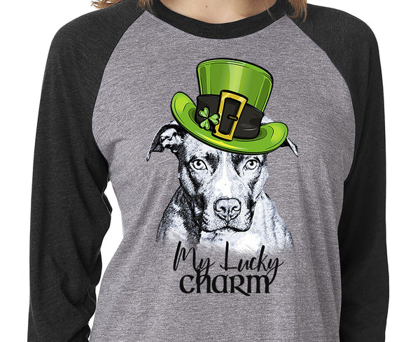 MY LUCKY CHARM PIT BULL GRAY RAGLAN TEE - UP TO 3XL