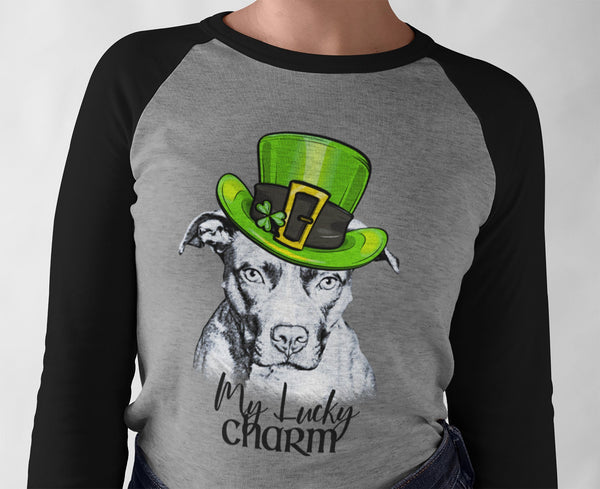 MY LUCKY CHARM PIT BULL GRAY RAGLAN TEE - UP TO 3XL