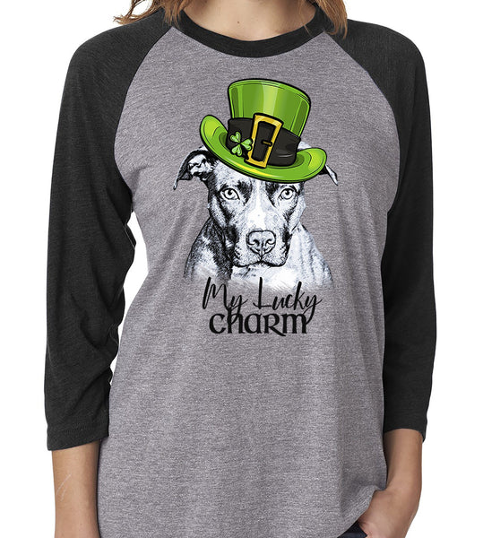 MY LUCKY CHARM PIT BULL GRAY RAGLAN TEE - UP TO 3XL