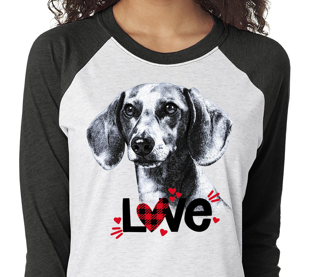 DACHSHUND LOVE RAGLAN TEE - UP TO 3XL - GREAT FOR VALENTINE'S DAY