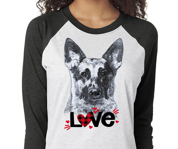 GERMAN SHEPHERD LOVE RAGLAN TEE - UP TO 3XL - GREAT FOR VALENTINE'S DAY