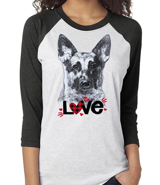 GERMAN SHEPHERD LOVE RAGLAN TEE - UP TO 3XL - GREAT FOR VALENTINE'S DAY