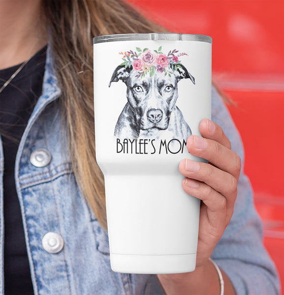 BEAUTIFUL BOHO PIT BULL WHITE STAINLESS STEEL TUMBLER - BIG 30 oz. size -PERSONALIZATION INSTRUCTIONS BELOW