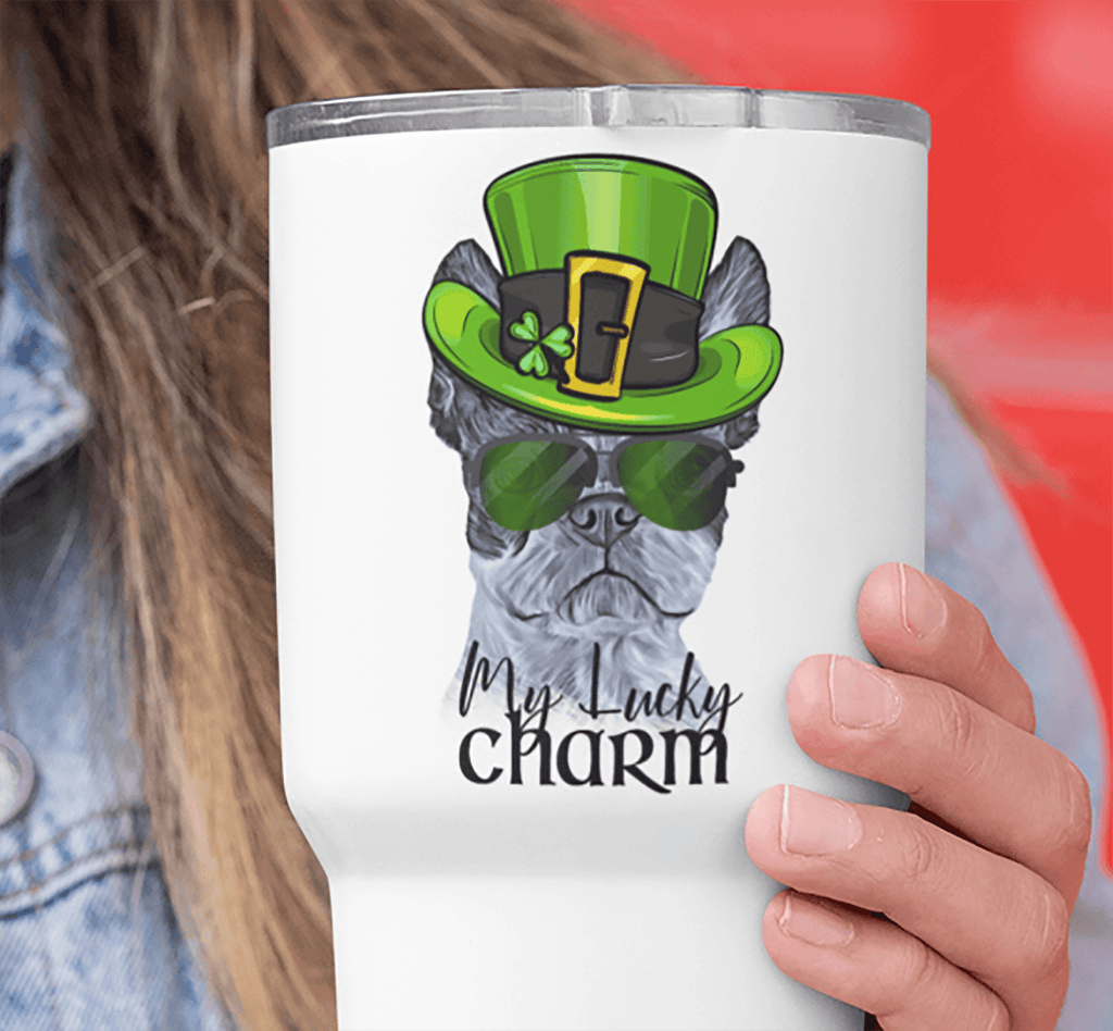 COOL LUCKY CHARM BOSTON TERRIER WHITE STAINLESS STEEL TUMBLER - BIG 30 oz. size