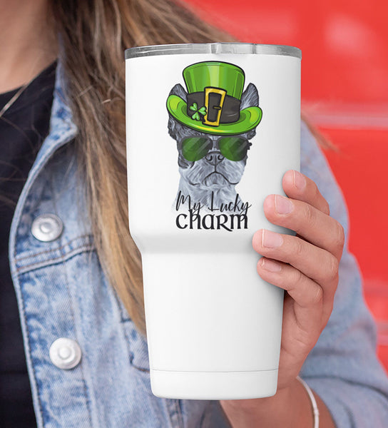 COOL LUCKY CHARM BOSTON TERRIER WHITE STAINLESS STEEL TUMBLER - BIG 30 oz. size