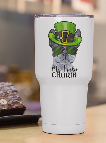COOL LUCKY CHARM BOSTON TERRIER WHITE STAINLESS STEEL TUMBLER - BIG 30 oz. size