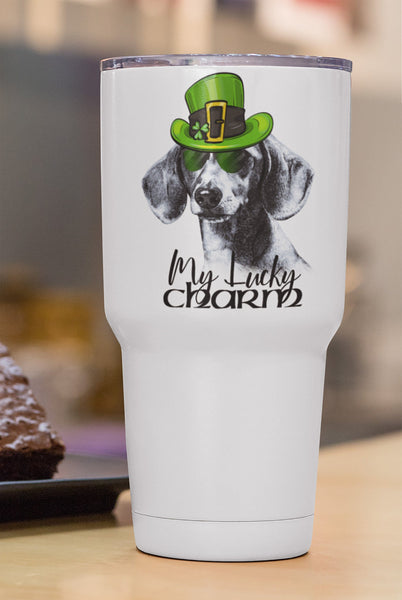 COOL LUCKY CHARM DACHSHUND WHITE STAINLESS STEEL TUMBLER - BIG 30 oz. size