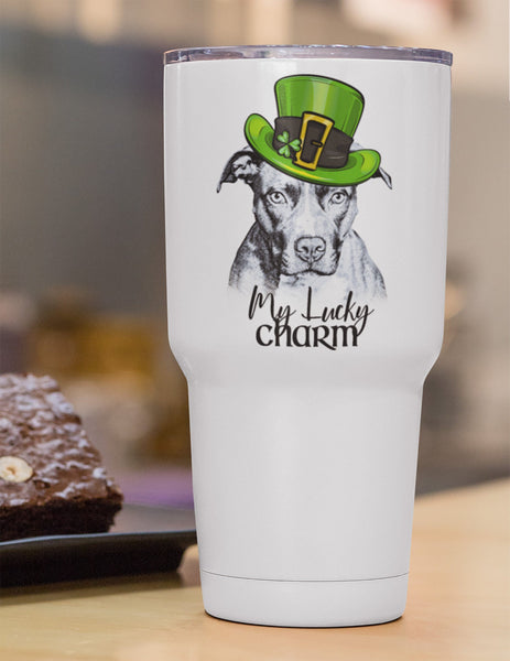MY LUCKY CHARM PIT BULL WHITE STAINLESS STEEL TUMBLER - BIG 30 oz. size
