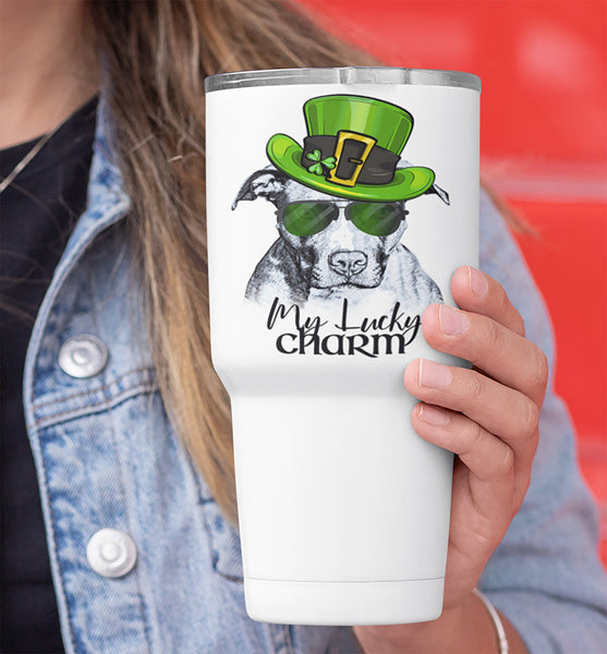 COOL LUCKY CHARM PIT BULL WHITE STAINLESS STEEL TUMBLER - BIG 30 oz. size